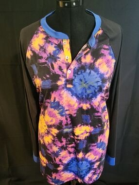 LulaRoe Black Long-Sleeve Henley Top with Blue, Purple & Yellow Tie-Dye